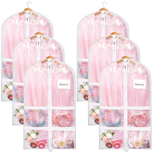 Nuenen 6pcs Garment Bags for Dance Costume Clothing Bags Hanging Clothes Clear Dance Garment Carrier for Dancers with 5 Zipper Pockets Closet Hanging Clothes Cover (White,40 Inch)