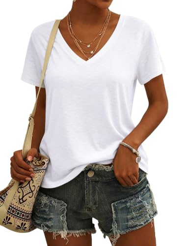 Crewhpo Haut Femme Été Tee Shirt à Manches Courtes T-Shirts Élégant avec Col en V Top Basique Coupe Ajustée Tshirt Décontracté Couleur Unie Blanc L