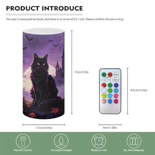 Image of Poceacles Flameless Light Candles Battery Operated Candles with Color Changing Timer Remote Control Tealights for Halloween Dinner Party Decor, Violet Black Cat Maple Bat Print
