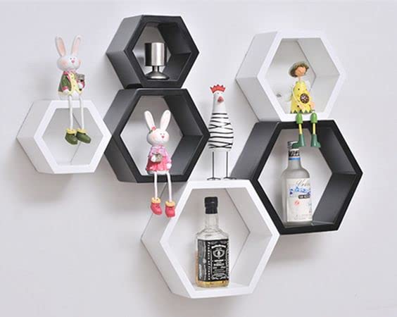 Image of BAS Engineered Wood Brown Art Shoppee Decorative Display With Hexagon Shape Set Of 6 Floating Wall Shelves And Racks For Living Room (Black & White)