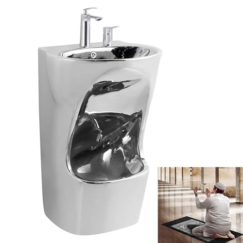 Fregadero de cerámica de pared con 2 agujeros, drenaje trasero para Wudu, manos, cara, lavado de pies y suministros de adoración