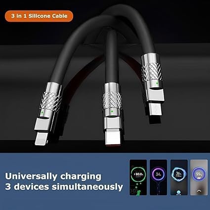 Image of Original 3 in 1 Fast Charging Data Cable, 120W Portable Charger Cord with USB Type-C, Light-ning & Micro-USB Port Compatible with iPhone, iPad, Smartphone, Tab and Other Devices - Black (APR202)