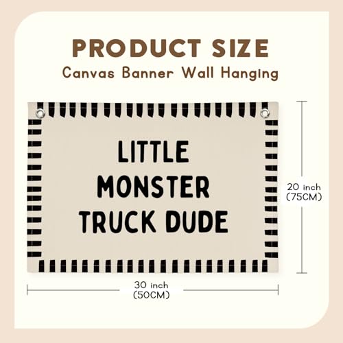 Image of XYDEG Monster Truck Room Decor, Little Monster Truck Dude Canvas Banner Flag Wall Decor, Boy Nursery Wall Hanging Flag Decorations for Kids Boy Nursery Toddler Room Bedroom Playroom, 30x20 Inch