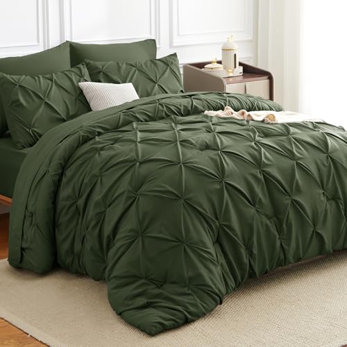 CozyLux Full Size Comforter Sets Olive Green, 7 Pieces Pintuck Bed in A Bag Green Comforter Full Size, Pinch Pleat Bedding Sets with All Season Comforter, Sheets, Pillowcases & Shams