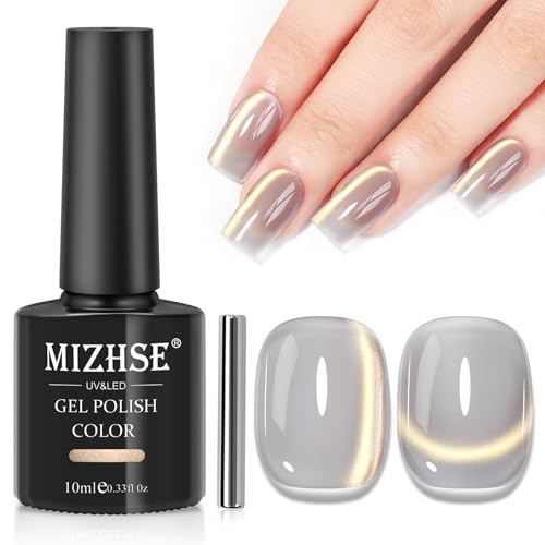 MIZHSE Grey Cat Eye Gel Nail Polish, Dawn Effect Glass Magnetic Gel Polish, Crystal Jelly Cateye Effect with Magnet Stick Soak Off Nail Art Manicure Home