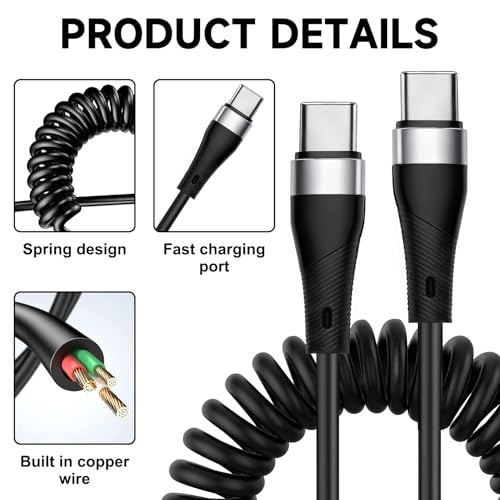 2 PCS 66W Coiled USB C to TypeC Cable for Car Charger Fast Charge Coiled Type-C Phone Cable 0.3-1.2m Short Data Transfer for Apple CarPlay Android Auto iPhone 16 17 Pro Max Galaxy S23 Ipad (Black) - Image 4