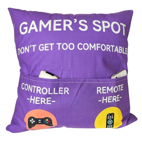 ZUYUROU Gamer Gifts, Pocket Design Throw Pillow Covers 18 x 18 Inch, Gaming Room Décor Stocking Stuffers Easter Basket Stuffers for Teen Boys Girls Men Father Boyfriends-Purple