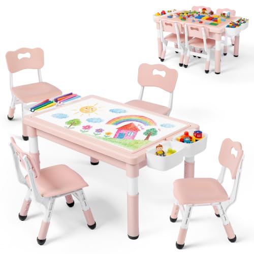 Kinder King Kids Table & 4 Chairs Set, Adjustable Heights, Storage, Pink