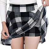 DJT Women Plaid Skirts Soft Stretchy High Waist Flared A-Line Mini Skater Skirt with Shorts L Black White Plaid