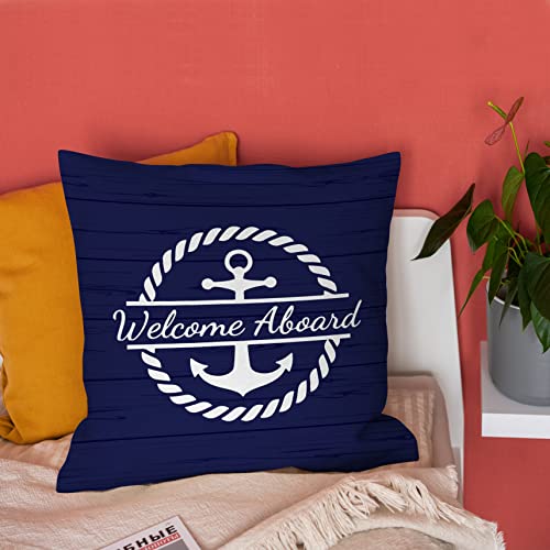 Burosev Welcome Aboard Soft Throw Pillow Cover, Lake Cabin Boat Anchor Decorative Pillowcase, Nautical Sailing Farmhouse Decor Decorations For Home Bed Sofa Living Room(18 X 18 Inch) #TOP2