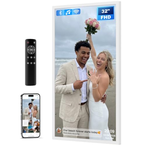 Image of 32 inch Large Digital Picture Frame, 64GB, Anti-Glare Non-Touch, WiFi Wall-Mount Frame for Home /Business, 1920x1080 FHD, Share via App, Email, USB & Micro SD, Remote Included, White