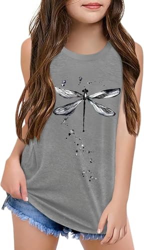 Image of Qbily Tank Tops for Girls Kids Summer Casual Cute Sleeveless Crewneck Graphic T Shirt 5-14 Years