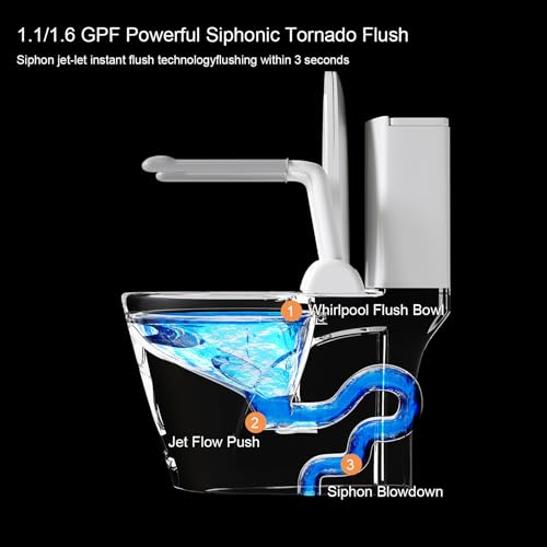 Inodoro de una pieza con asideros plegables integrados, altura ADA de 17 pulgadas para adultos mayores y personas con discapacidad, capacidad de 480 lb, asideros de acero al carbono, sistema de doble descarga Tornado de 1,1/1,6 GPF, sifón de 12 pulgadas miniatura 7