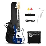 GLARRY Full Size Electric Bass Guitar Beginner Kit 4 String Exquisite Basswood Bass with 20W AMP, Cable, Strap, Bag and Accessories (Transparent Blue, 39'Right Handed)