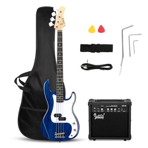 GLARRY Full Size Electric Bass Guitar Beginner Kit 4 String Exquisite Basswood Bass with 20W AMP, Cable, Strap, Bag and Accessories (Transparent Blue, 39