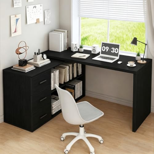 Image of HSH Black L Desk with Drawers Shelves, Large Reversible L Shaped Desk with Storage Cabinet, Corner Home Office Computer Desk Workstation for Executive Writing Study, Bedroom Living Room Table, 60 Inch
