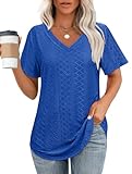 OFEEFAN V Neck T Shirts for Women Short Sleeve Casual Tops Workout Trendy V Neck Cute Shirts 2026 Teacher Outfits for Women Clothing Spring Blue 2XL