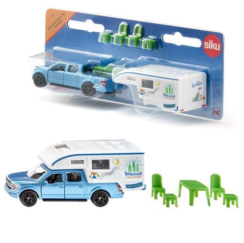 Siku 1693, Ford F150 Pick-Up Camper, Metall/Kunststoff, Blau/Weiß, Stühle, Hocker und Tisch, Ausziehbare Markise