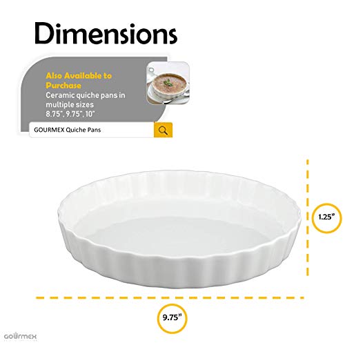 GOURMEX White, Fluted Quiche Baking Dish | Ceramic Pan | Perfect for Baking Tart Pies, Creme Brulee, Custard Dishes and Cheesecake | Porcelain (9.75" Round)