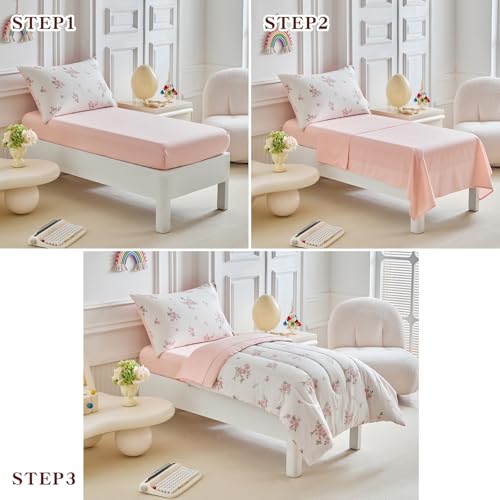 Image of Joyreap 4 Piece Toddler Bedding Set- Floral Pink n White Design, Microfiber Toddler Bedding Comforter Set for Girls