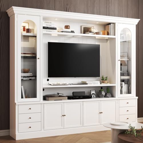 AIEGLE Entertainment Center with Light, 101.7" W TV Stand Media Console with Dual Bookcases, 2-in-1 Large Wall Unit TV Console w/Drawers, Cabinets & Glass Doors for Living Room, White