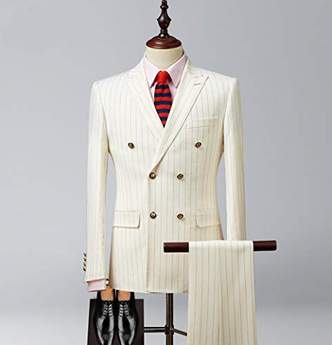 Men's Double Breasted Pinstripe Ivory with Gold Strip Suit Slim Fit Peak Lapel Wedding Tuxedo Sets4