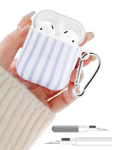 Aitipy Compatible with Airpods 2nd 1st Generation Case, Cute Blue Stripe Aesthetic Design with Carabiner, Soft TPU Skin Anti-Scratch Shockproof Protective Cover for Women Girls