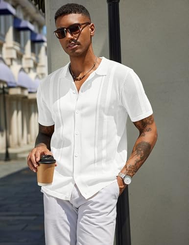 COOFANDY Men's Knit Shirts Short Sleeve Button Down Polo Shirt Vintage Casual Beach Shirt Summer Tops2