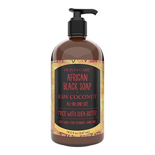 Olivia Care 3-in-1 Body Wash, Face Cleanser, Hand Soap -African Black - All Natural - Made with Coconut & Shea Butter - Infused with Vitamin A, E & Iron. Moisturize, Hydrate, Deep Cleanse - 17.5 FL OZ