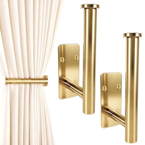 YUFFQOPC 2Pcs Curtain Holdbacks, L Shaped Curtain Tie Backs Self Adhesive or Drill, Stainless Steel Tie Backs for Curtains or Items(Gold)