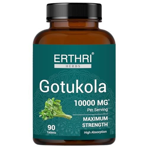 ERTHRI 100% Organic Gotu Kola Tablets 10,000mg (90 Count) Vegan & Gluten-Free Herbal Supplement, No Added Colors, Flavors, & Preservatives, 90 Tablets (Pack of 1)