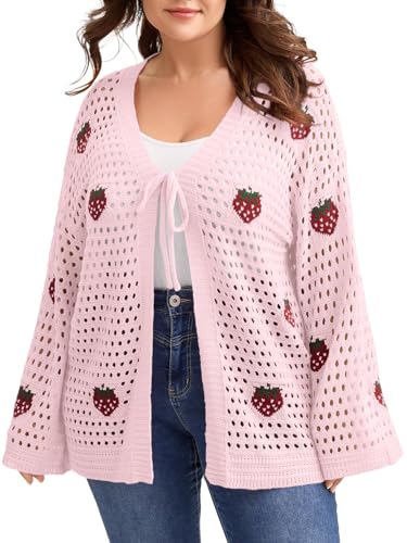 Womens Plus Size Cardigan Strawberry Floral Print Sweater Open Front Knit Top Spring Sweet Outerwear Pink 3XL