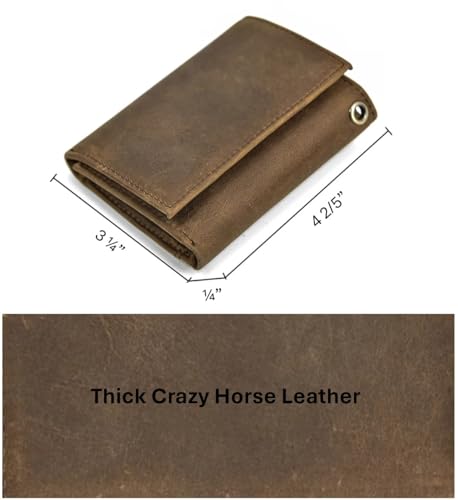 Genuine Leather Trifold Wallet With Metal Chain for Men, Crazy Horse Leather RFID Blocking Card Holder with ID Window (Dark Brown & Chain)4