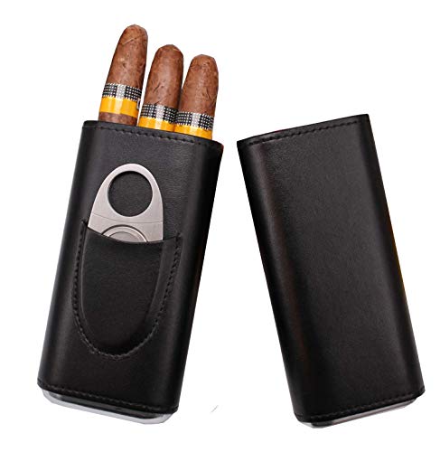 Amancy Classic Black Leather 3 Fingers Cigar Case With Cedar Wood Lining ,Silver Stainless Steel Cutter Contained #TOP1