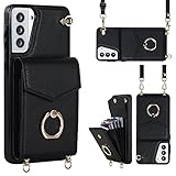 YYTVN for Samsung Galaxy S21 Case 5G 6.2 inch, Minimalist Wallet Case with Ring Kickstand and Shoulder Strap, Shockproof Stylish Protective Cover for Galaxy S21 -Black
