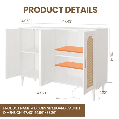 Rattan Buffet Cabinet with Storage,Sideboard Cabinet with 4 Doors and Adjustable Shelves, Console Coffee Bar with Charging Station, Boho Wood Cupboard for Kitchen, Livingroom and Dining Room,Entryway
