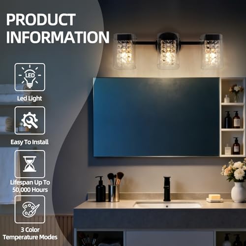Image of 3 Lights Crystal Bathroom Light Matte Black Wall Light,E12 Bulb excluded | Wall Mount Bathroom Light Fixture Over Mirror Crystal Glass Shade Indoor Vanity Light for Bathroom,Living Room or Bedrooms