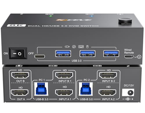 Image of 8K HDMI KVM Switch 2 Monitors 2 Computers 8K@60Hz 4K@144Hz,MLEEDA USB 3.0 Dual Monitor KVM Switch for 2 Computer Share 2 Monitor and 4 USB Devices,Wired Remote,12V Power Adapter and USB Cable Included