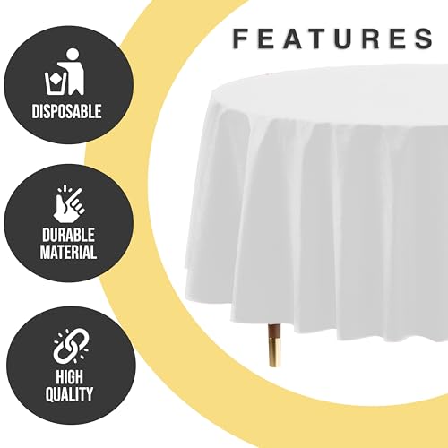 Image of Exquisite 66% Thicker Premium White Round Tablecloths Plastic Table Cloth Disposable 48 Pack 84 inch Round Table Cloth Disposable White Tablecloths Won't Tear Easily Like Cheap Thin Brands | Plastic Tablecloth, Disposable Table Covers Round for Parties, Weddings, Holidays & Party Supplies