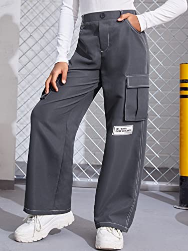 Image of WDIRARA Girl's Letter Patched High Waisted Button Cargo Pants with Pockets Dark Grey 10Y