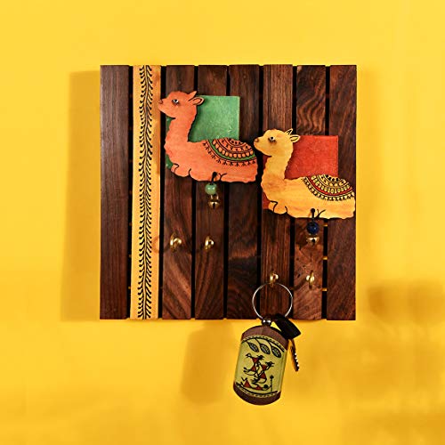 Image of Aakriti Art Creations Key Holder, Handcrafted Tribal Art Wooden Strips & Birds Design Key Hanger| Rustic Wood Wall Organizer with 4 Hooks | Storage Shelf For Keys, Hats| Multifunctional Entryway Decor
