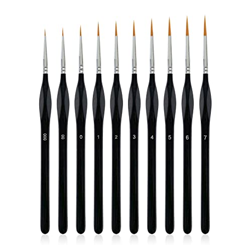 10 Pack Miniature Detail Paint Brushes Kit, Professional Tiny Paints Brushes Set for Watercolor, Oil, Face, Nail, Fine Detail Paint Brushes for Line Drawing, Black