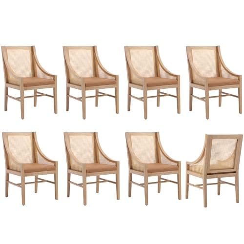 CIMOTA Rattan Mid Century Farmhouse Dining Chairs Set of 2 Fabric Linen Upholstered Dining Room Chairs with Cane High Back Wooden Coastal Kitchen Chairs for Rustic Restaurant, Beige