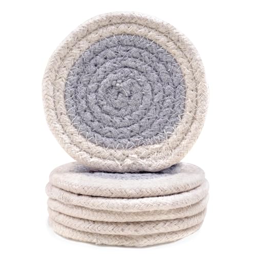 Image of Encasa XO Drink Coasters Set of 6 | Light Grey & Off White with Round (9 cm) | Handcrafted Ribbed Cotton | Absorbent & Heat-Resistant | Use for Tea, Coffee Table & Desk