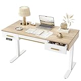 TIQLAB Electric Standing Desk with 3 Drawers, Height Adjustable Sit Stand Desk with One-Piece Desktop for Home Office, 47.2 x 23.6 Inch, Maple