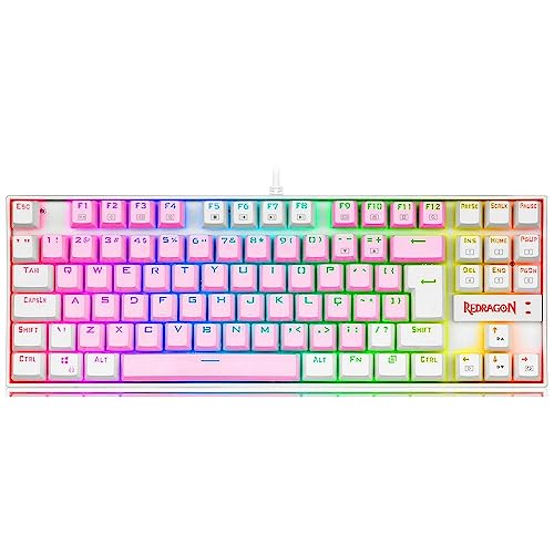 TECLADO MECANICO GAMER RGB REDRAGON KUMARA ROSA E BRANCO COM SWITCH AZUL