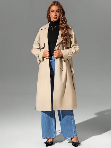 Image of Bellivera Women's Classic Long Windproof Trench Coat With Belted Waist | Notch Lapel Collar,Breasted Button Front,Adjustable Cuff Straps,Side Slant Pockets,Spring Fall Daily Commute Office Wear