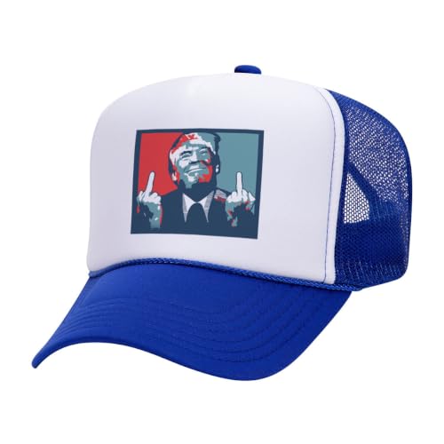 TeesAndTankYou Trump Middle Fingers Foam Trucker Cap Adjustable Mesh Back Hat White/True Royal