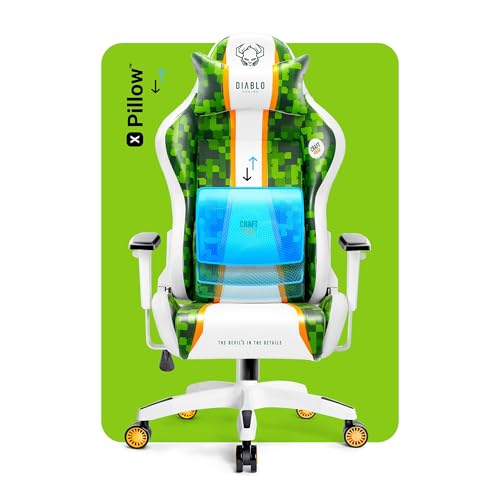 Chairs X-One 2.0 Craft Edition Piccola Sedia da Gaming Girevole Sedia da Scrivania Ergonomica con Cuscino Lombare e Poggiatesta Schienale in Ecopelle Regolabile 64x33x120 cm Verde-Bianco - Sedia gaming - Immagine 5
