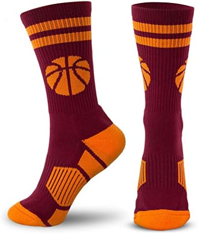 ChalkTalkSPORTS Basketball Woven Mid-Calf Socks | Classic Stripe & Ball | Maroon & Orange